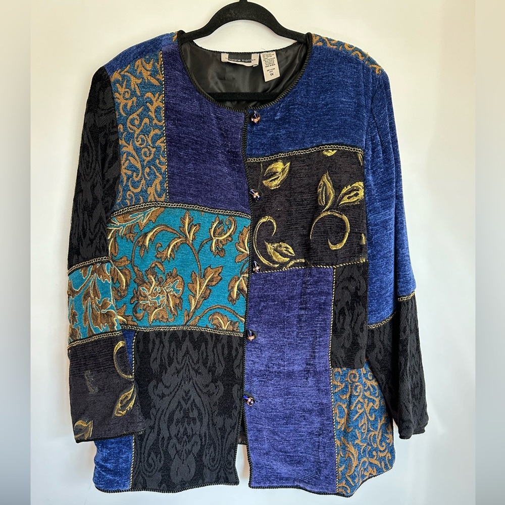 MAGGIE BARNES QUILTED TAPESTRY BLUE/TEAL/BROWN/GOLD DETAIL BUTTONS JACKET 1X